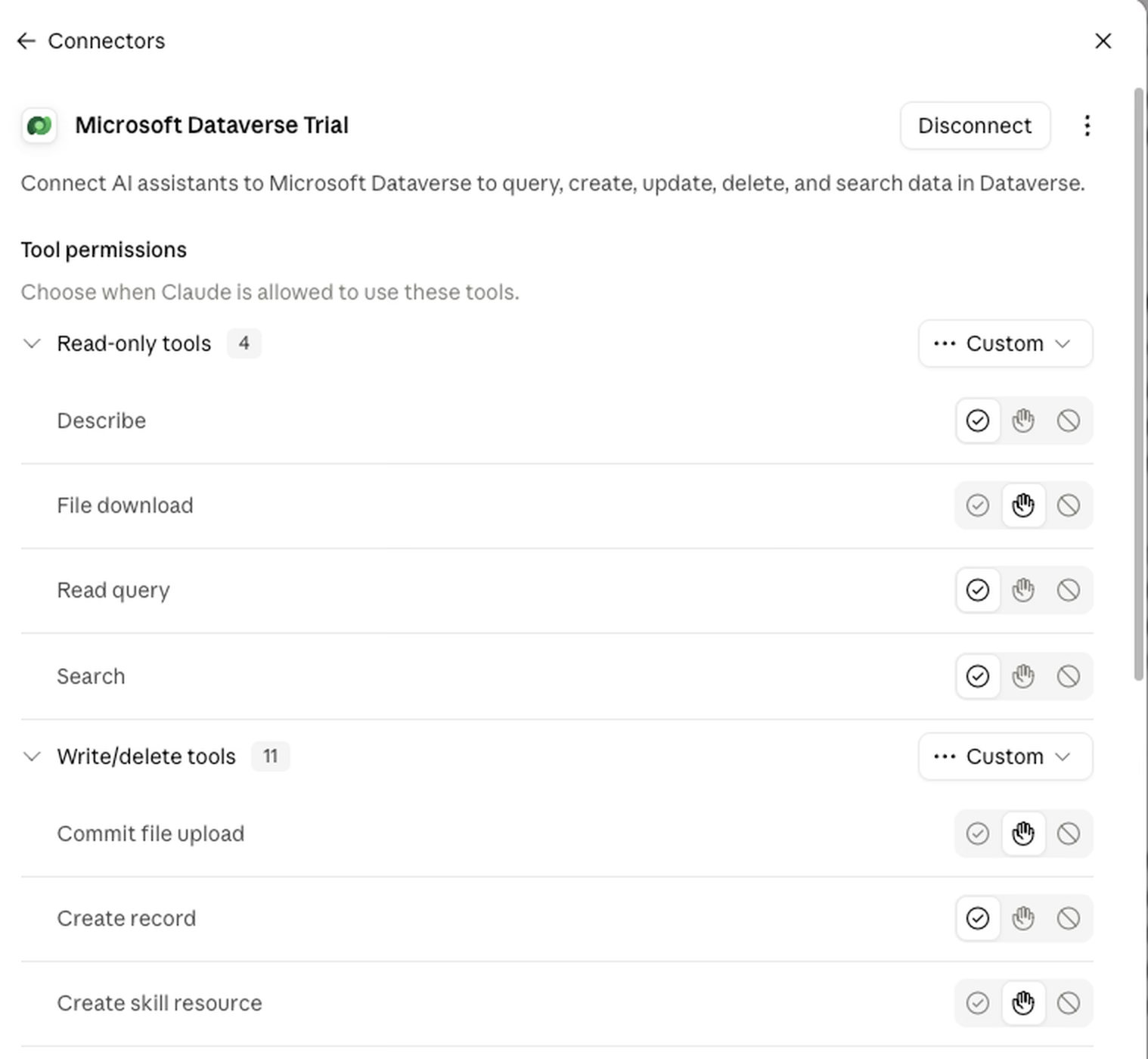 Tool permissions panel for the Dataverse connector, showing read-only and write/delete tools with per-tool allow, ask, and deny controls